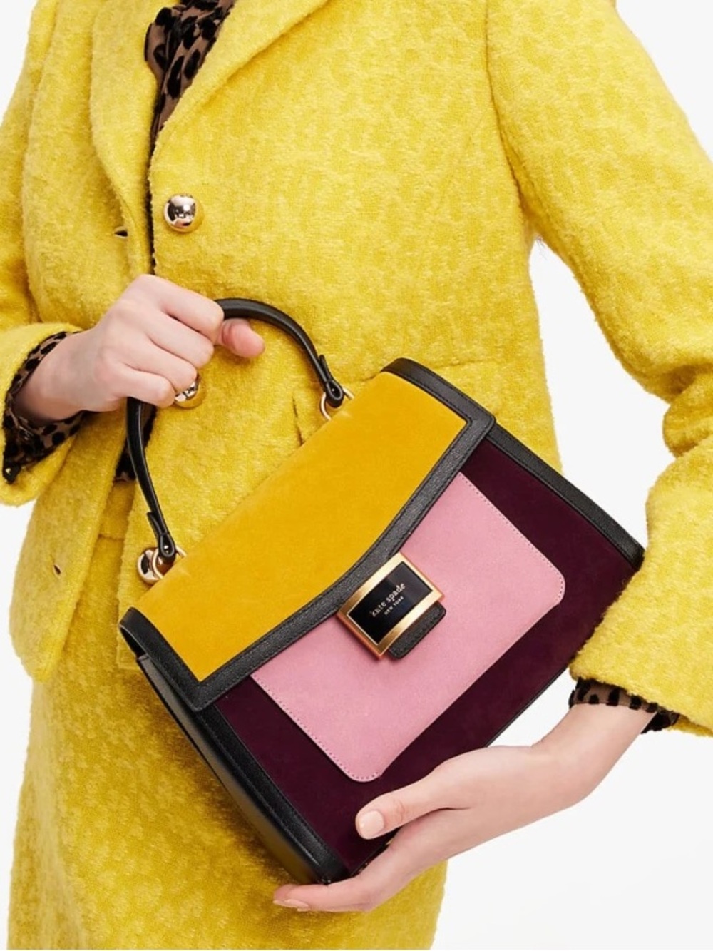Kate Spade Colorblock Suede Top-Handle Bag in Yellow, Pink & Burgundy